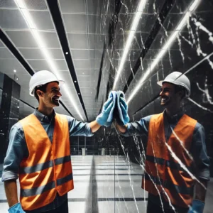 Petugas sedang membersihkan dinding marmer yang mengkilap